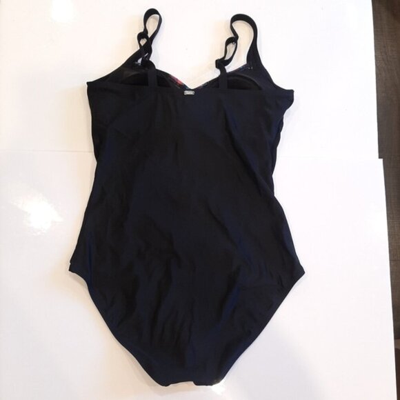 KRISTA One Piece Swimsuit Tropical Floral Panel Solid Black Tummy Control Modest - Picture 8 of 12